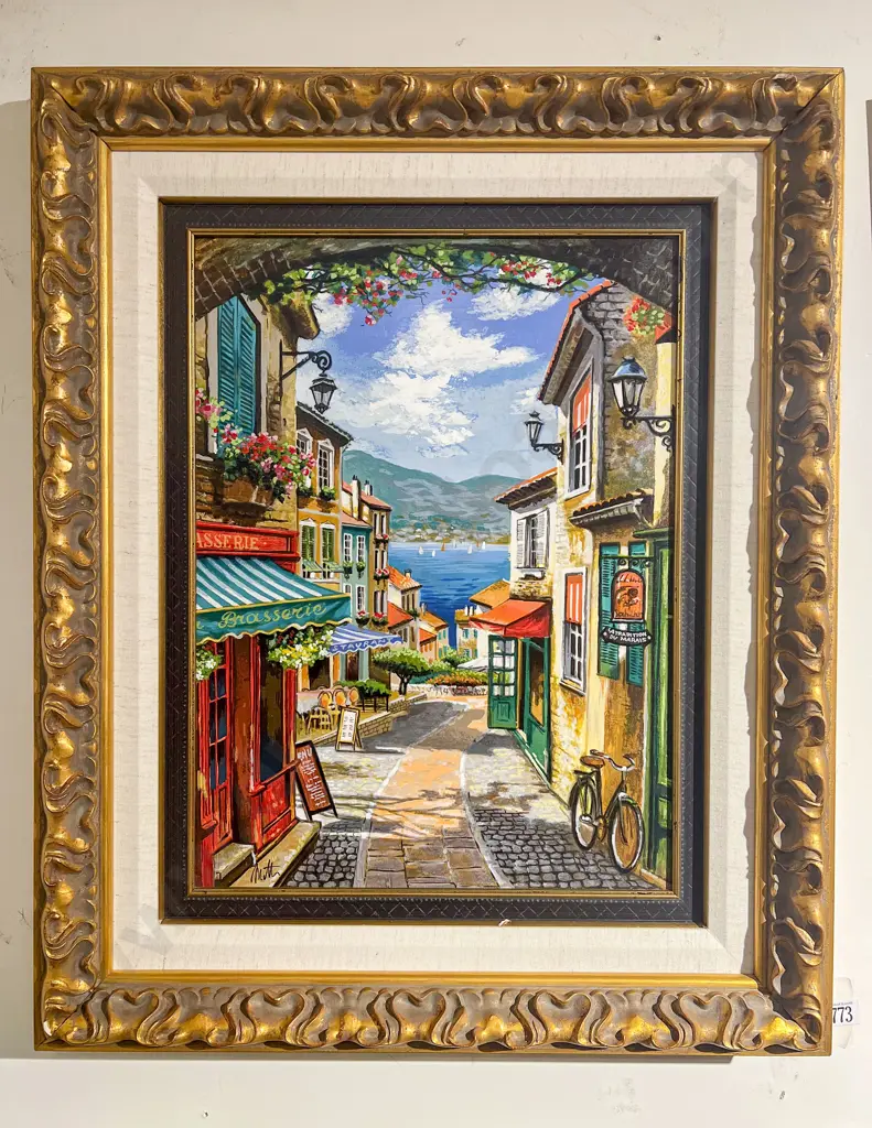 Unknown Artist - French Seaside Village View - Oil on Board Image 1++