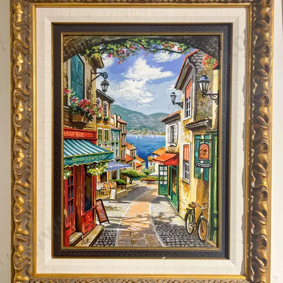 Unknown Artist - French Seaside Village View - Oil on Board