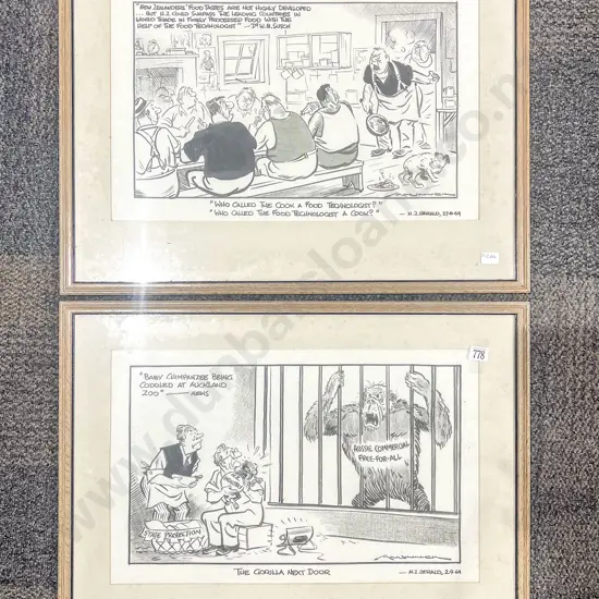 Two Framed NZ Herald Political Cartoons
