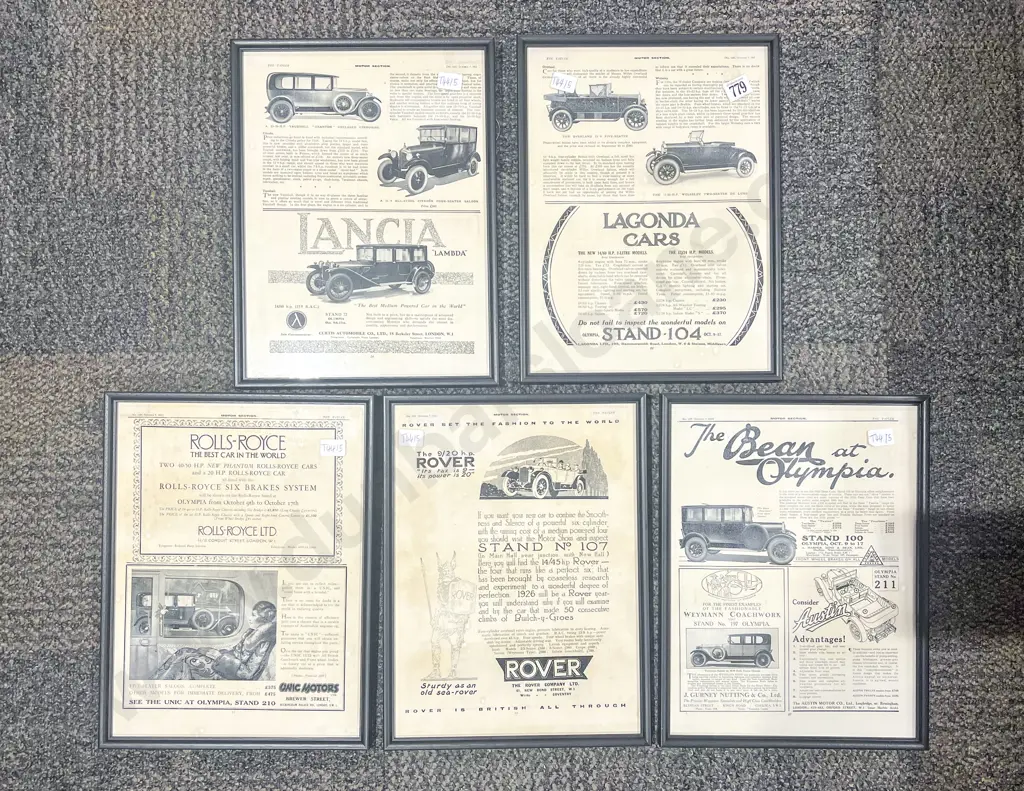 Five Assorted Vehicle Related Framed Magazine Advertisements Image 1++