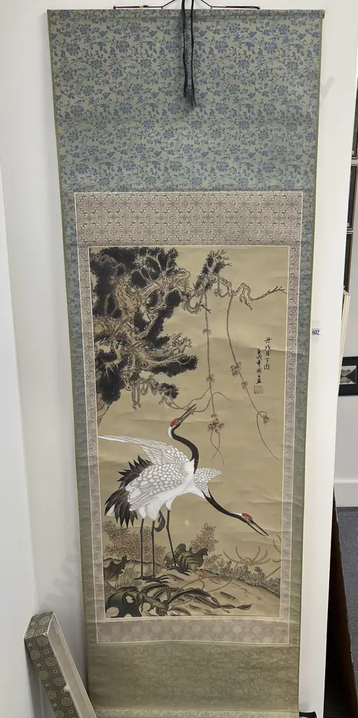 Boxed Scroll Hand Painted on Silk Depicting Cranes Image 1++