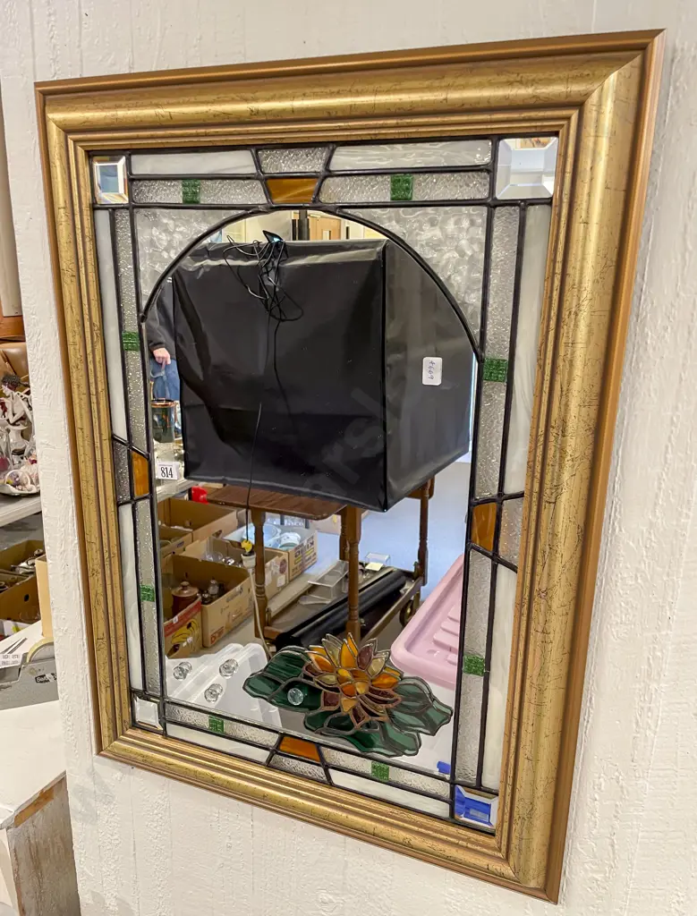 Modern Gilt Framed Wall Mirror With Stained Glass Embellishments Throughout Image 1++