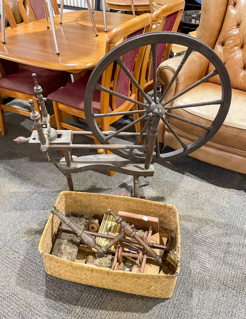 Victorian Spinning Wheel and Box of assorted Parts etc Image 1++