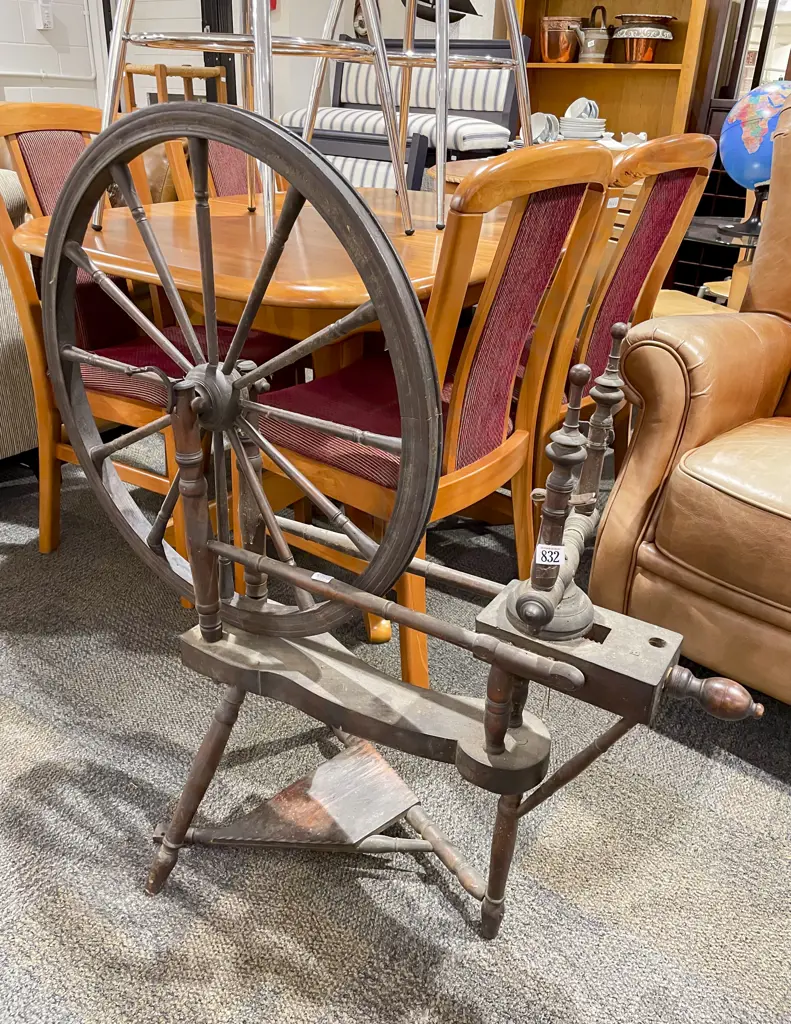 Victorian Spinning Wheel and Box of assorted Parts etc Image 1++