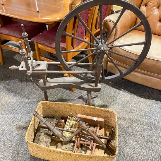 Victorian Spinning Wheel and Box of assorted Parts etc