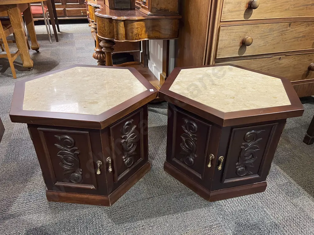 Pair of Hexagonal Marble Topped Side Cabinets Image 1++