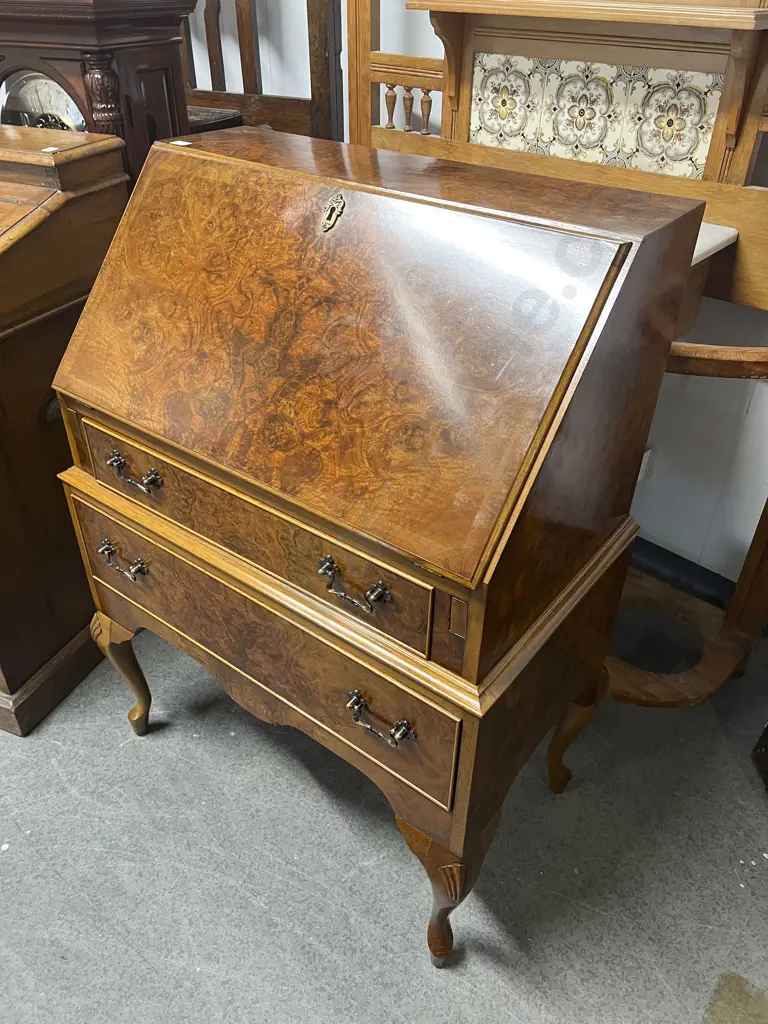 Repro Burr Walnut Writing Bureau Image 1++