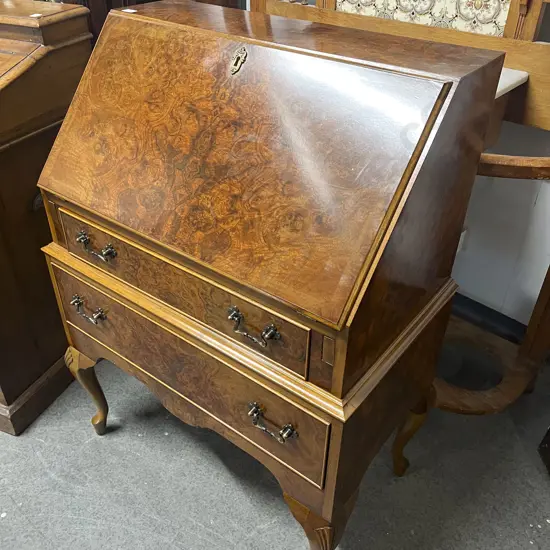 Repro Burr Walnut Writing Bureau