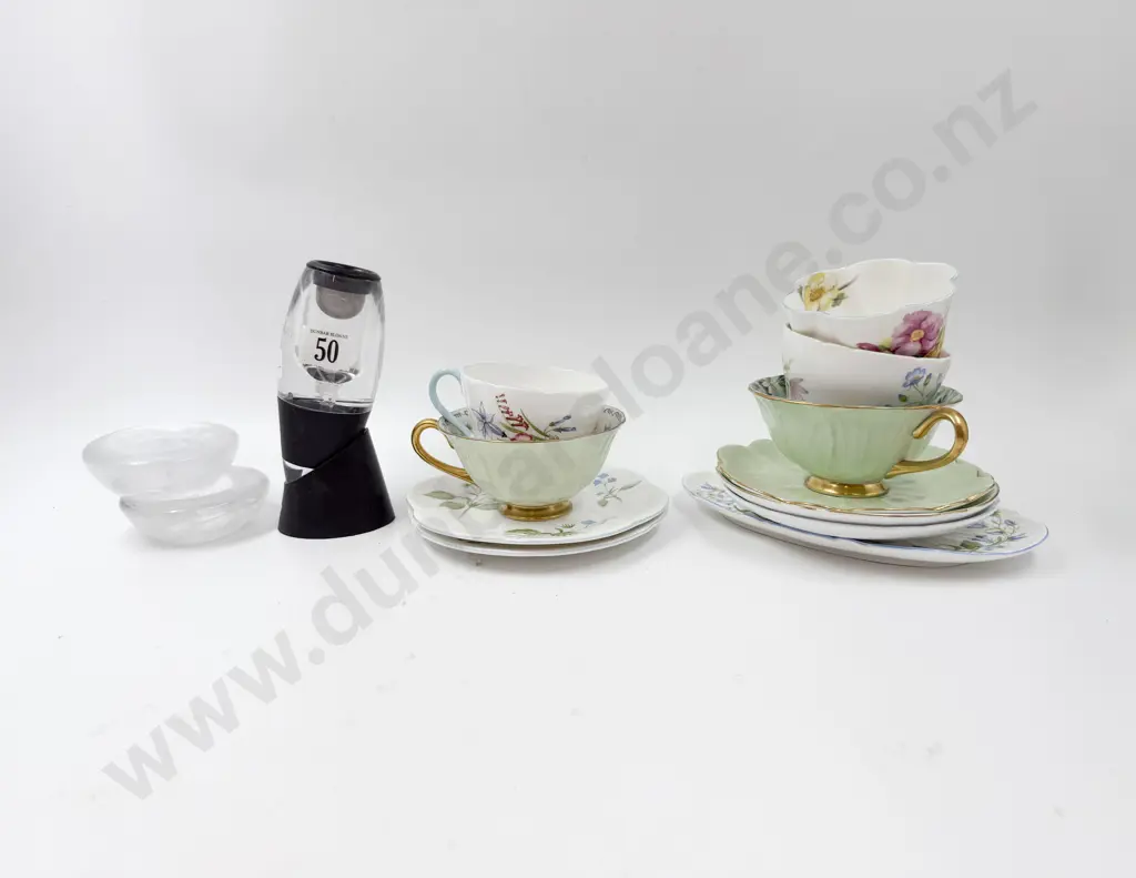 Shelley Odd Cup and Saucer with Two Glass Dishes and Modern Tea Strainer Image 1++