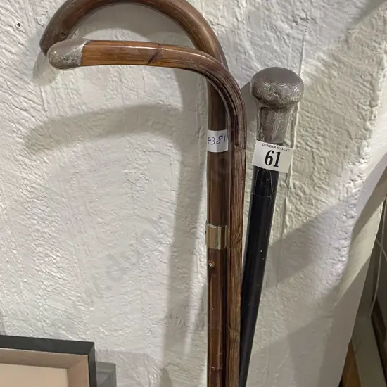 Three Antique Walking Sticks Including S/S and Ebony