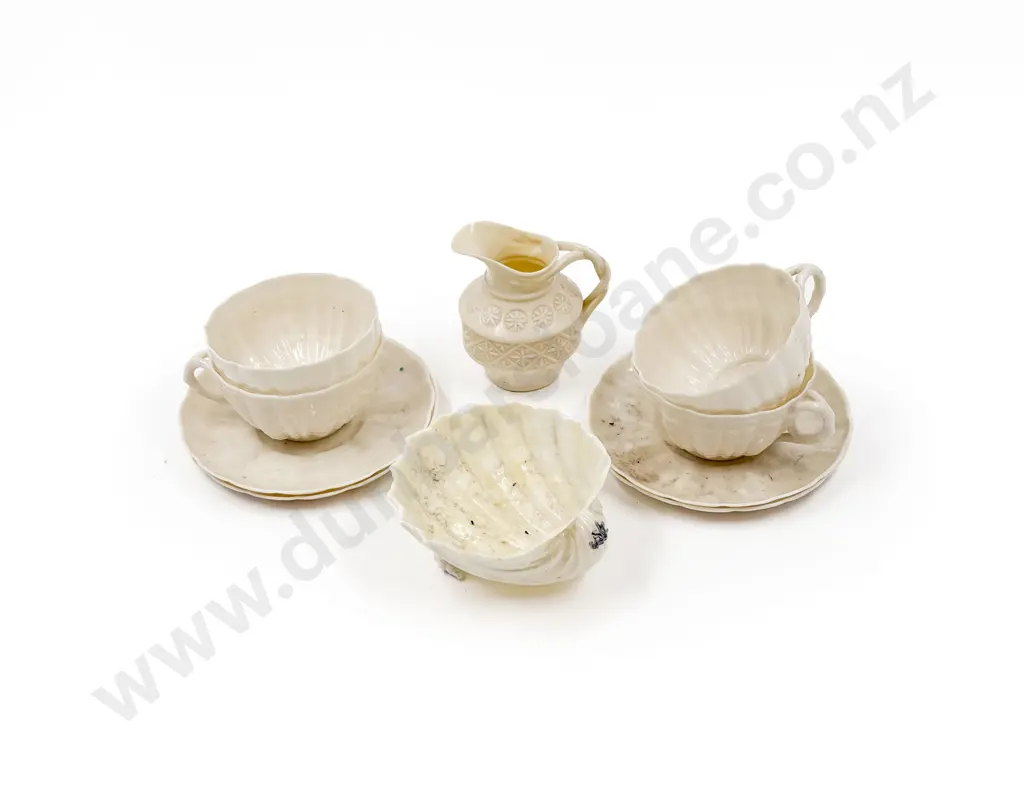 Four Belleek Black Mark Tea Cup and Saucers with Cream Jug and Shell Dish Image 1++