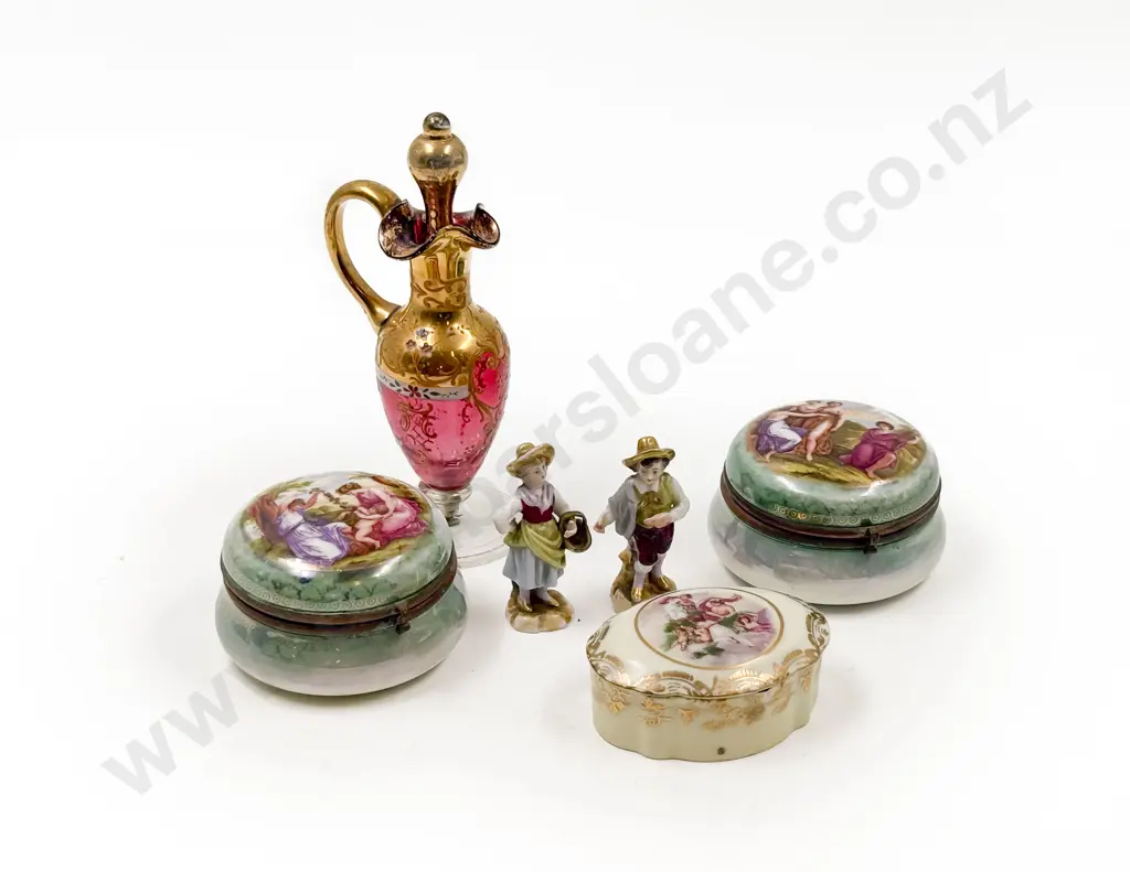 Three Late Vict. Trinket Boxes with Pair of Figures and Fancy Scent Ewer Image 1++