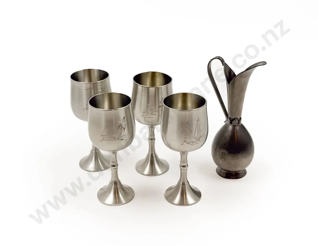 Four Pewter Goblets and Ewer Image 1++