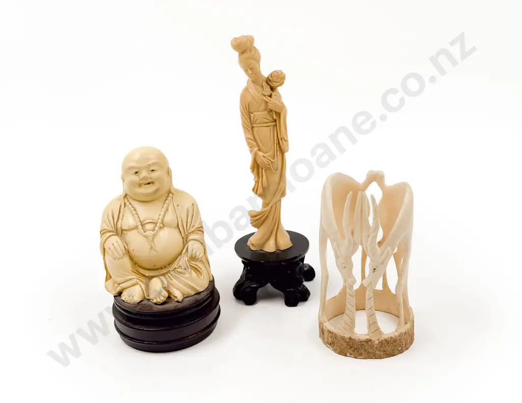 African Ivory Antelope Carving with Two Resin Figures Image 1++