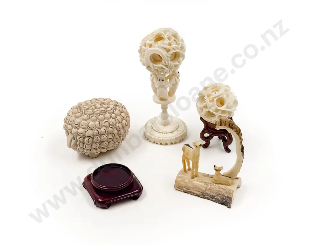 Two Small Carved Ivory Puzzle Balls with Antler Carving and Pottery Sheep Image 1++