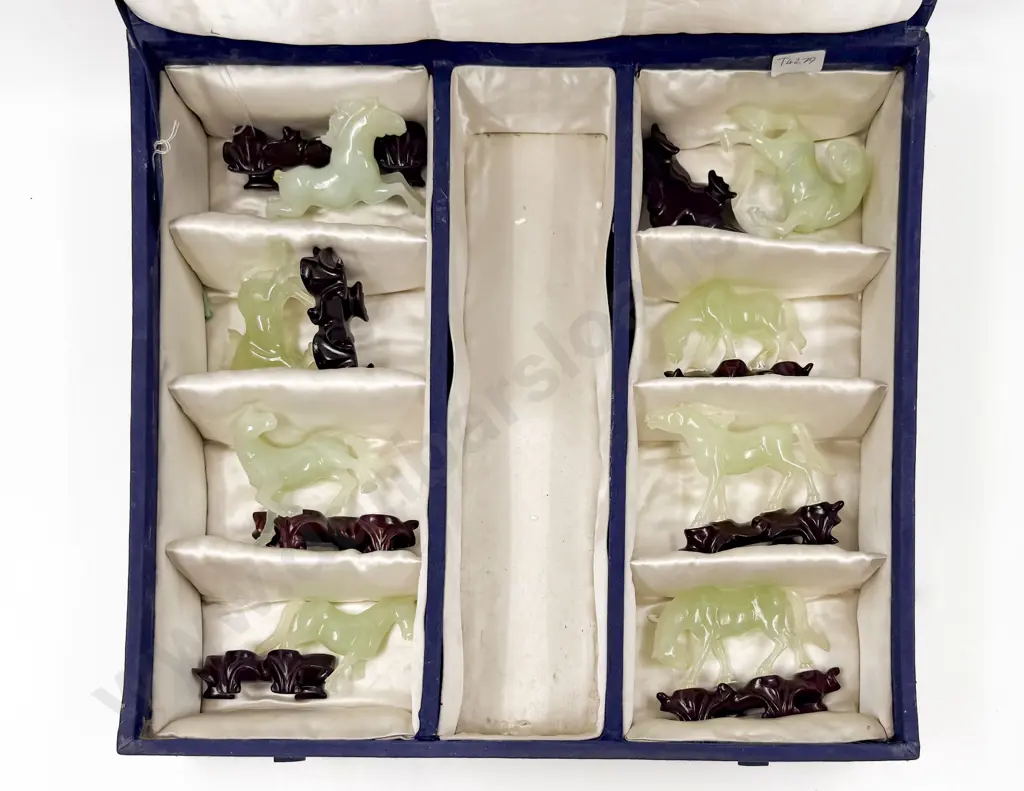 Cased Eight Chinese Jade Style Horse Ornaments Image 1++