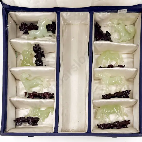 Cased Eight Chinese Jade Style Horse Ornaments