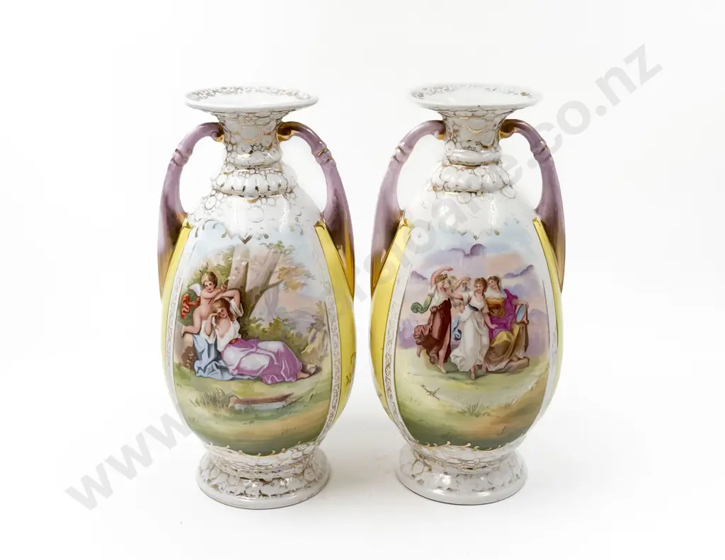 Late C19th Pair of Kaufmann Print Decorated Mantle Urns Image 1++