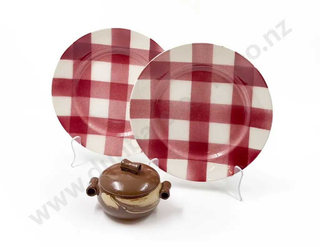 Pair Crown Lynn Gingham Pattern Dinner Plates Image 1++