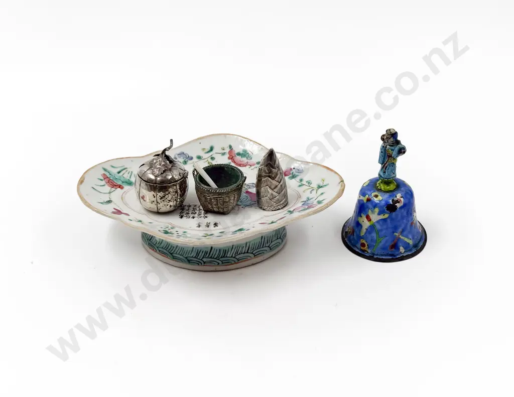 Chinese Famille Dish with Enamelled Bell and Silver Condiments Image 1++