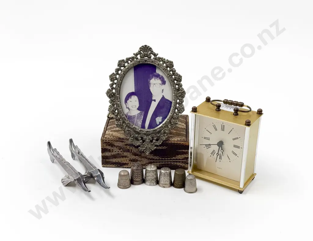Pair of Christofle Dolphin Knife Rests Together With Thimbles and Repro Carriage Clock Image 1++