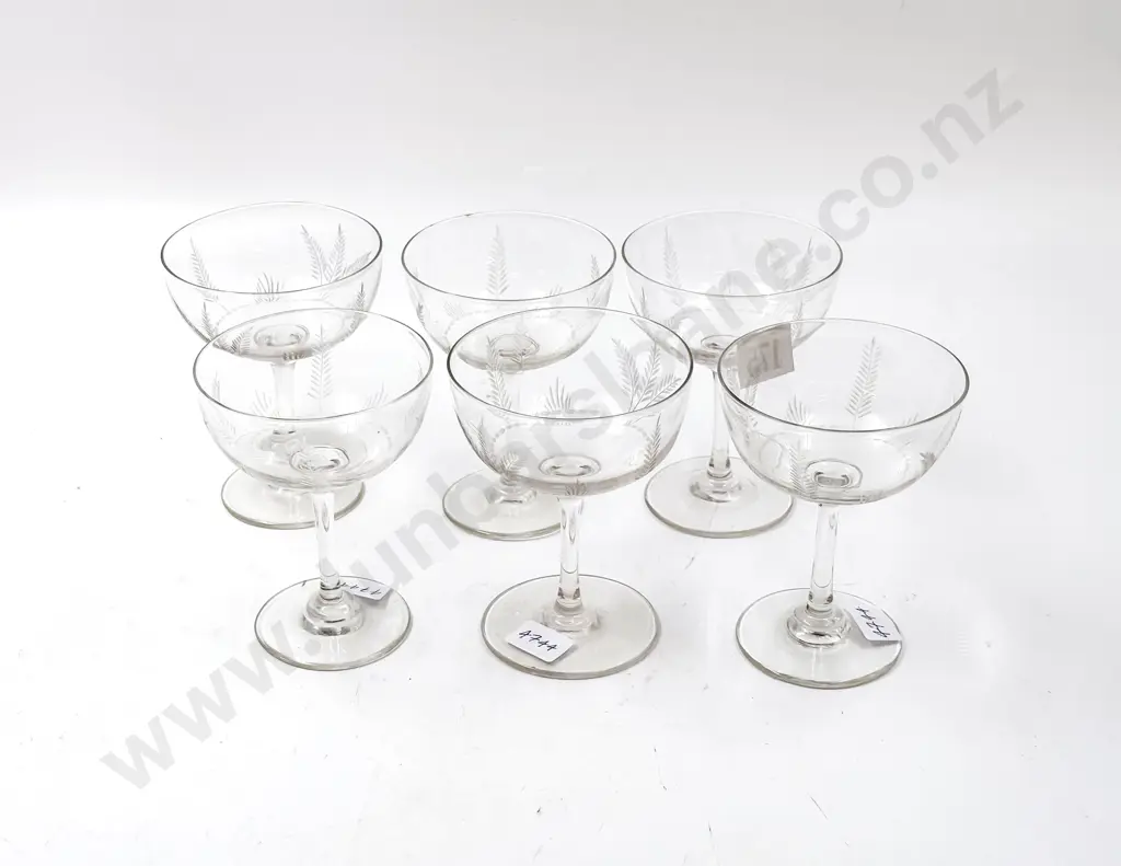Six Etched Glass Champagne Coupes Image 1++