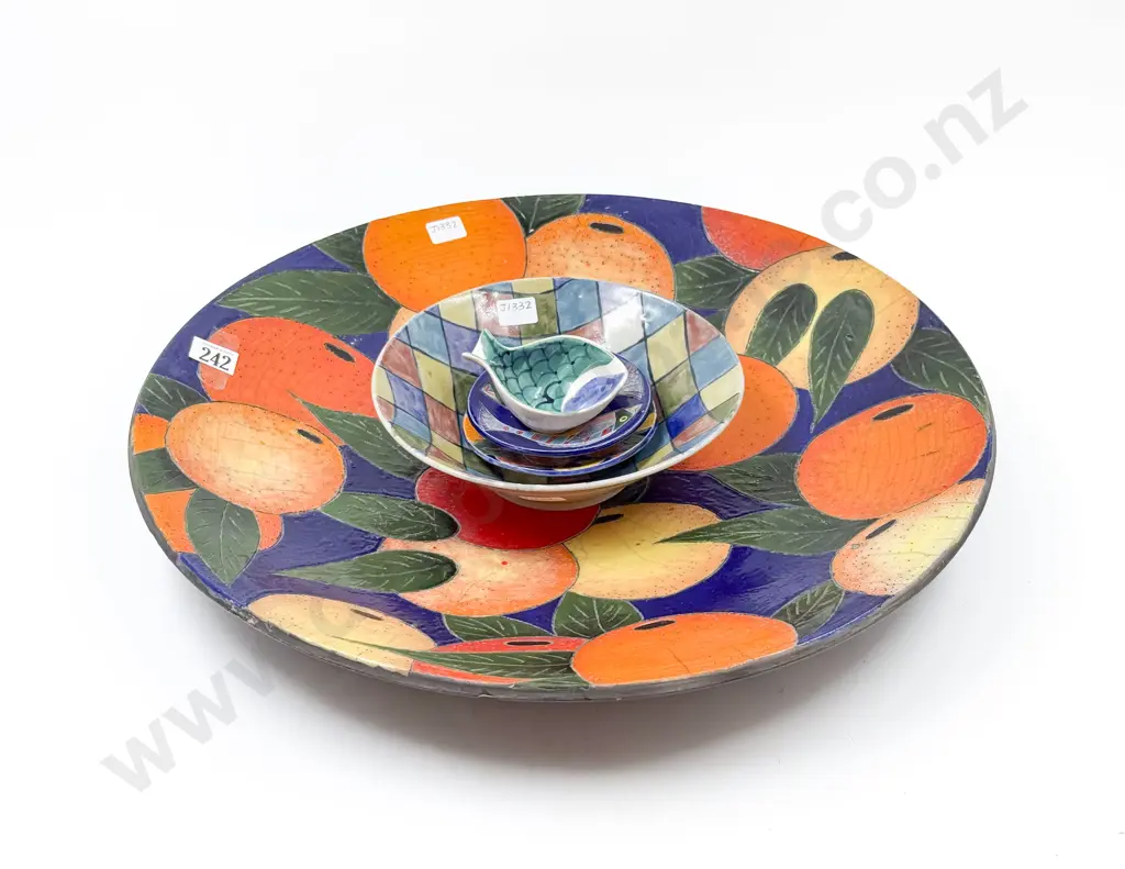 Five Assorted Polychrome Ceramics incl Large Charger of Oranges By Zeke Woolf Image 1++
