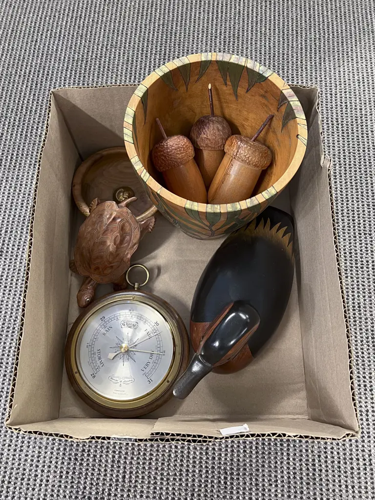 Box of Assorted Woodware incl Decoy & Barometer Image 1++
