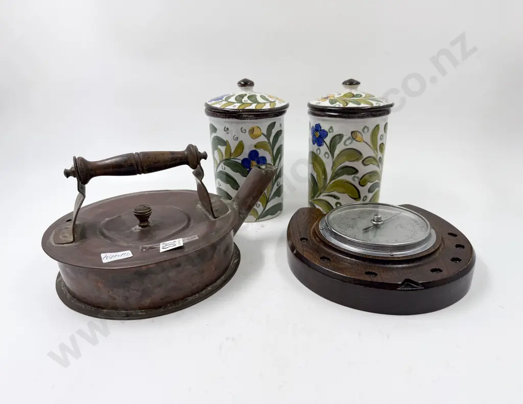 Pair Decorative Canisters Barometer & Copper Kettle Image 1++