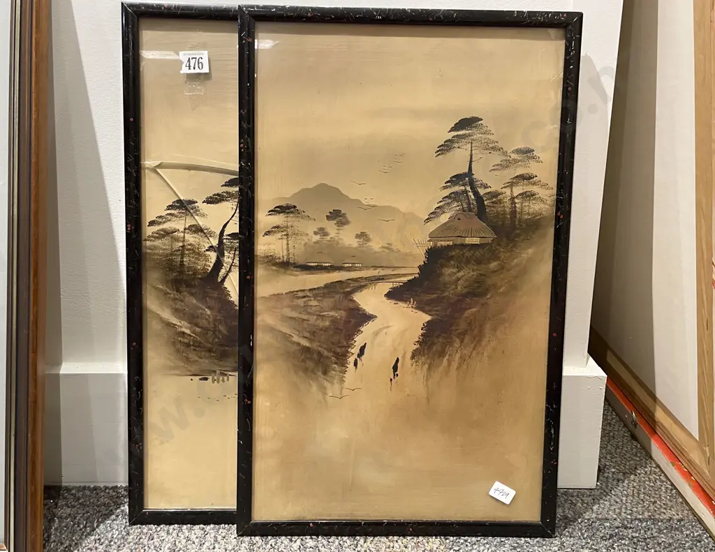 Framed Pair Vintage Japanese Landscapes Image 1++