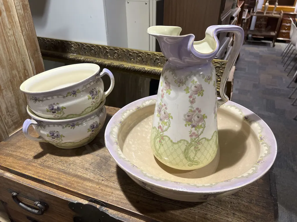 Floral Decorated Wash Jug & Basin together with Two Potties Image 1++