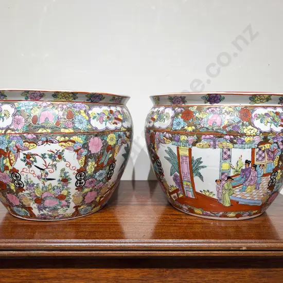 Pair of Hand Painted Cantonese Jardinieres