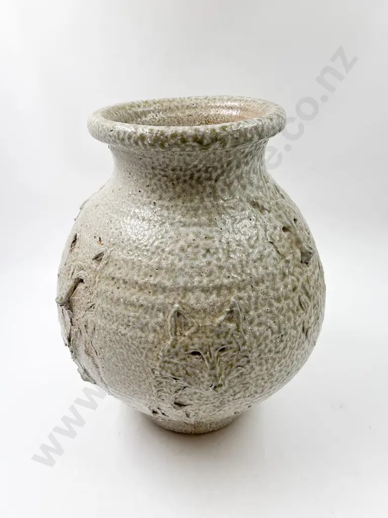 Large Salt Glazed Pottery Vase with All Over Wolf Design Image 1++