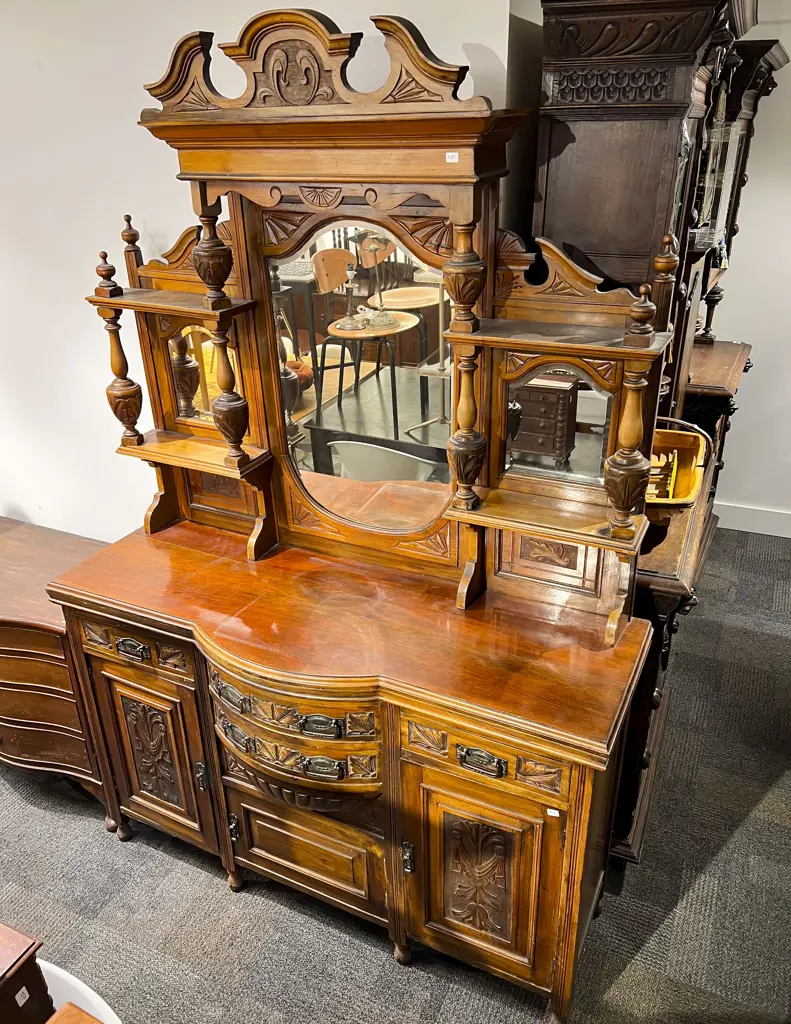 Mahogany Sideboard with Mirrored & Shelved Gallery Back with All Over Chip Carved Design Image 1++