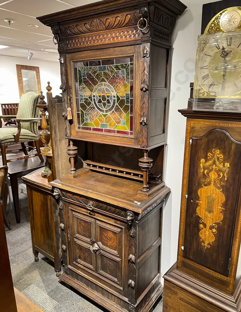 European Oak Two Stage Cabinet with Stained Glass Door to Top Image 1++