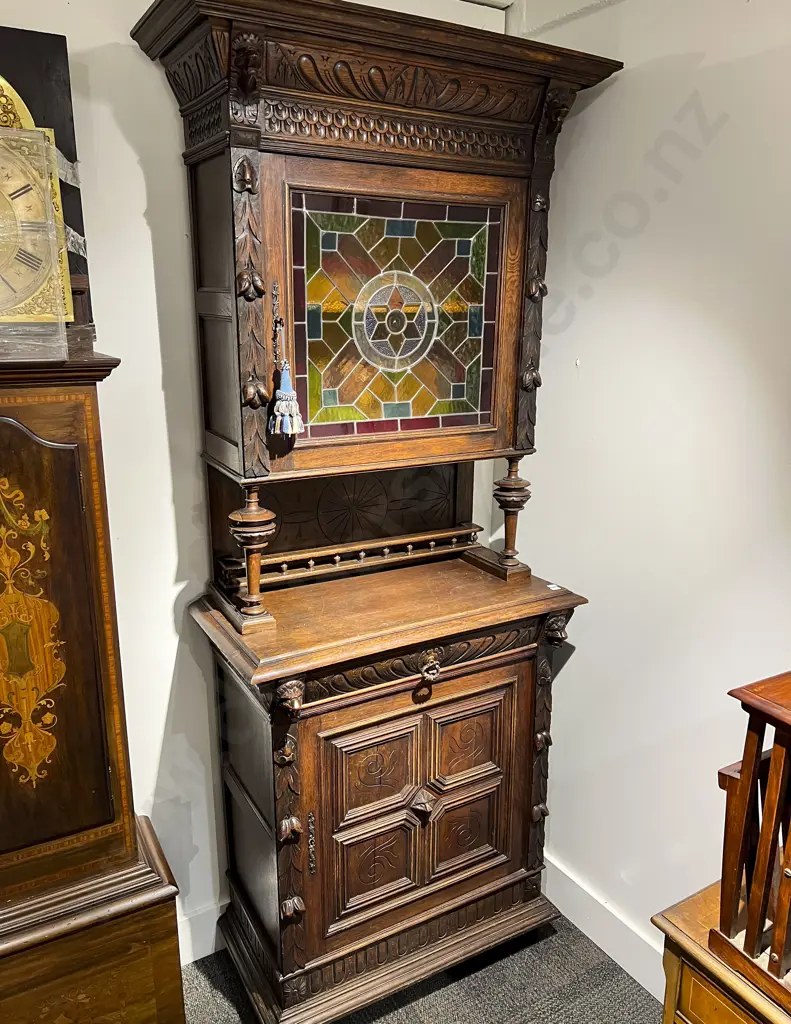 European Oak Two Stage Cabinet with Stained Glass Door to Top Image 1++