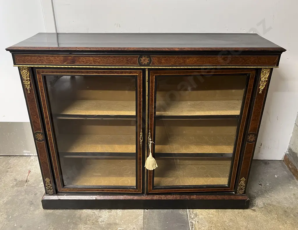Victorian  Ebonised,  Amboyna & Gilt Metal Mounted Glazed Two Door Bookcase Image 1++