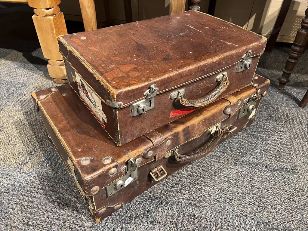 Two Vintage Leather Suitcases Image 1++