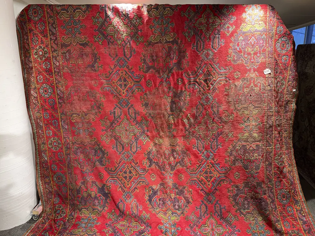 Large Woolen Floor Rug with Allover Geometric Design on Red Ground Image 1++