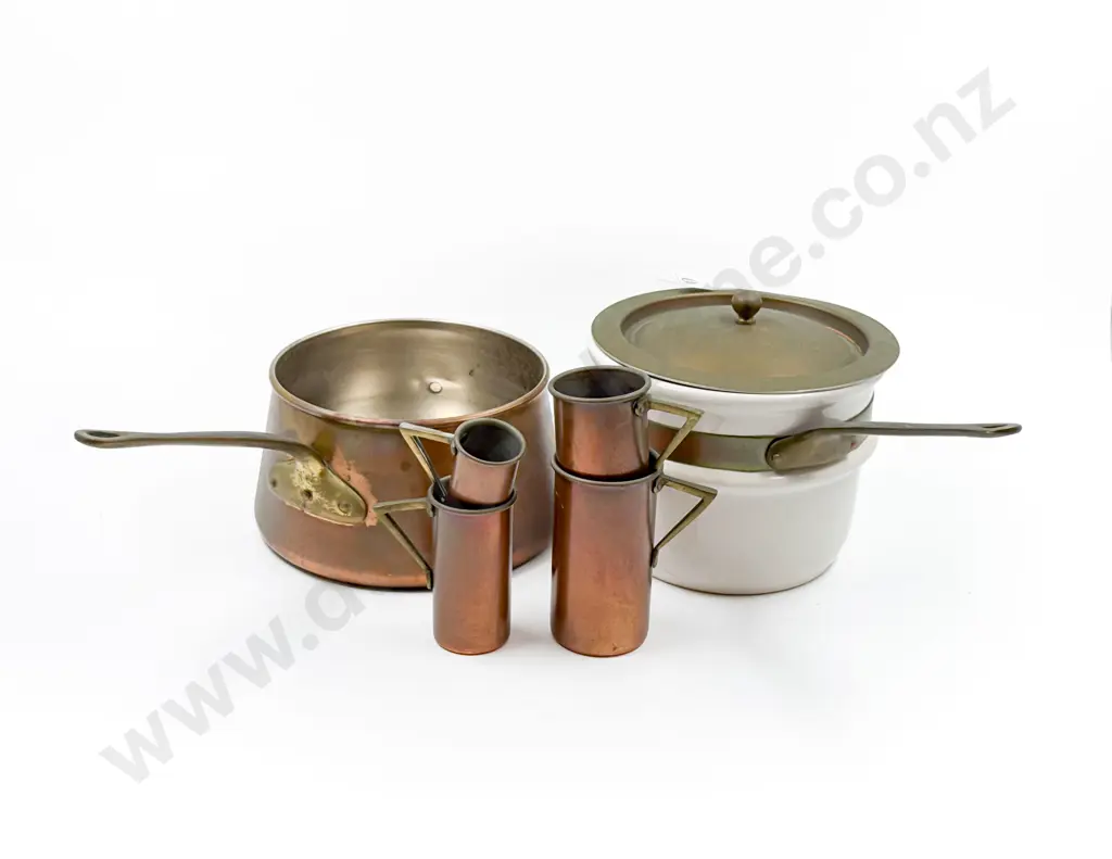 Copper & Brass Double Boiler with Ceramic Insert & Four Copper Measures Image 1++