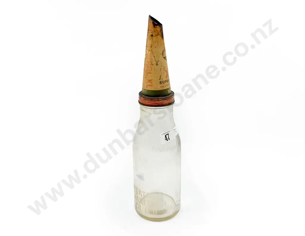 Vintage Glass Oil Bottle with Tin Funnel Top Image 1++