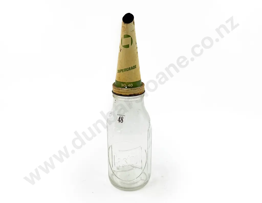 Vintage Glass Oil Bottle with Tin Funnel Top Image 1++