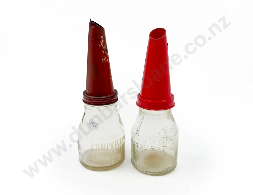 Two Smaller Glass Oil Bottles with Funnel Tops Image 1++