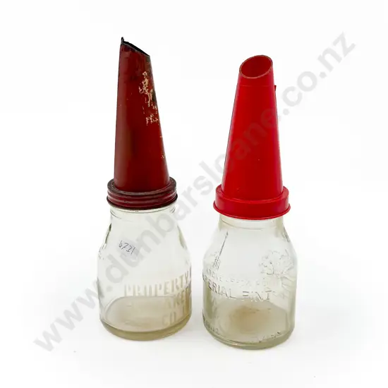 Two Smaller Glass Oil Bottles with Funnel Tops