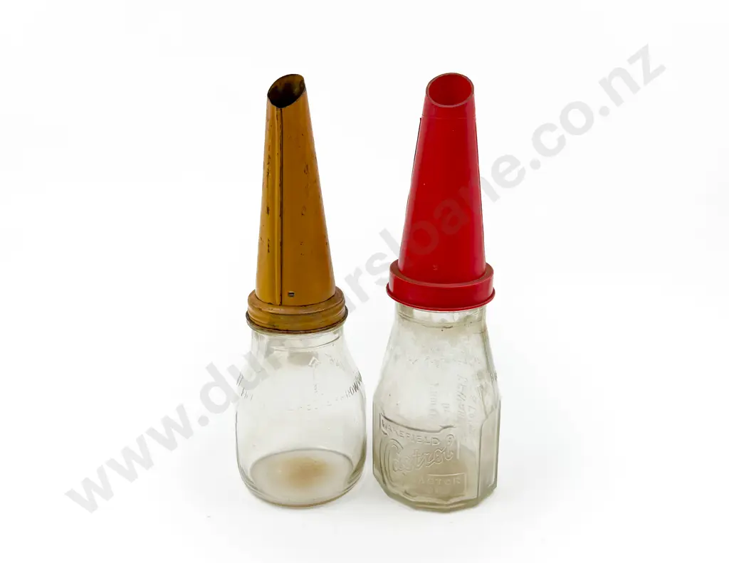 Two Smaller Glass Oil Bottles with Funnel Tops Image 1++