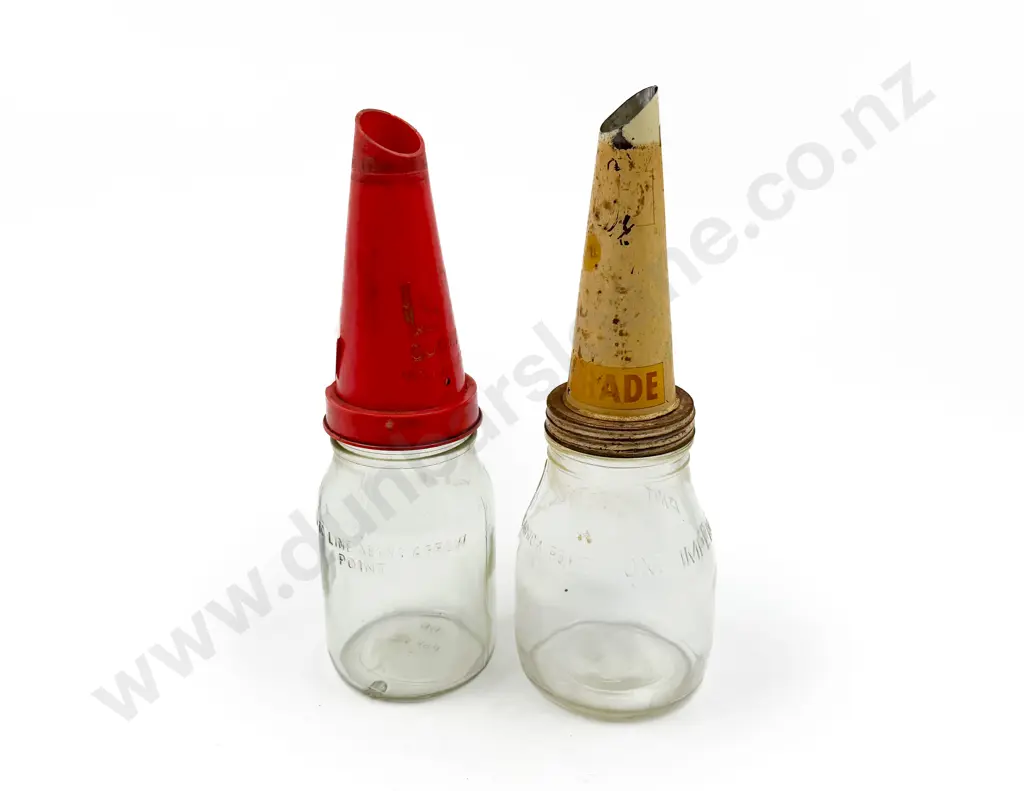 Two Smaller Glass Oil Bottles with Funnel Tops Image 1++