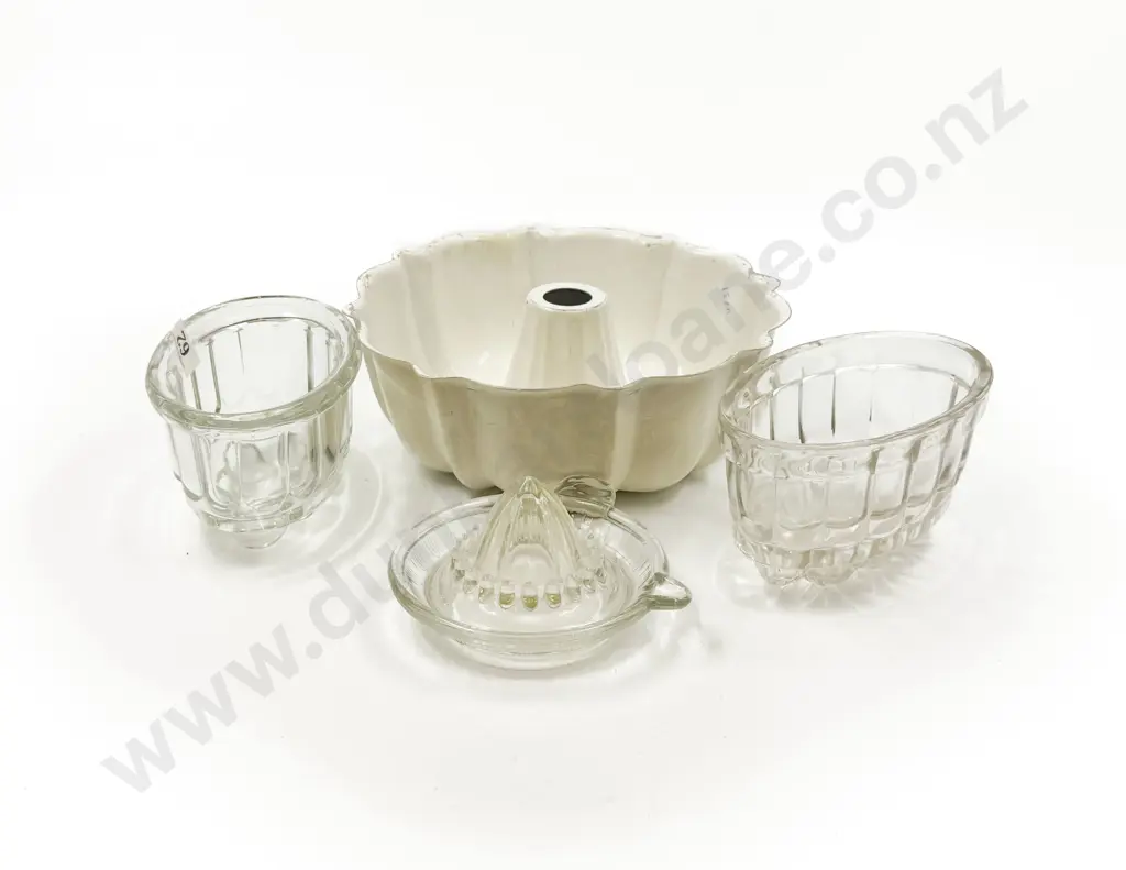 Vintage Enamel Cake Mold with Two Glass Jelly Molds & Lemon Squeezer Image 1++
