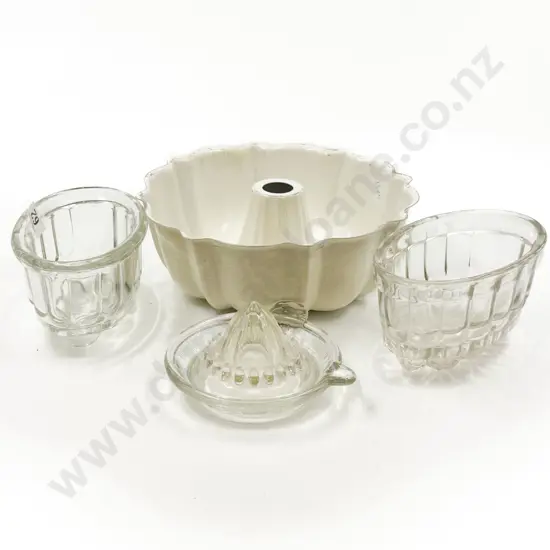 Vintage Enamel Cake Mold with Two Glass Jelly Molds & Lemon Squeezer