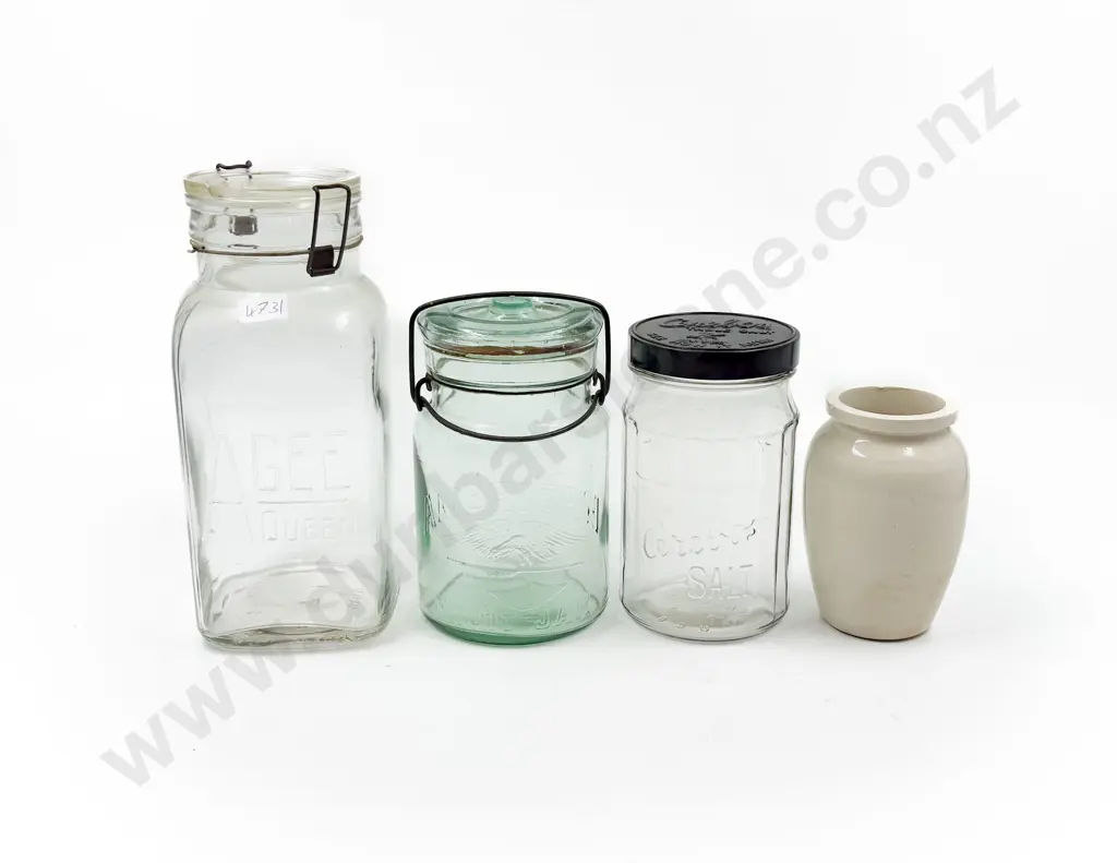 Small Stoneware Jar with Three Assorted Glass Jars Image 1++