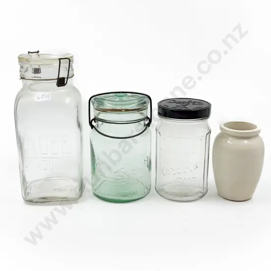 Small Stoneware Jar with Three Assorted Glass Jars